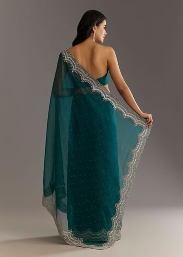 Green Embellished Tissue Saree With Embroidered Cutdana Sequin Border