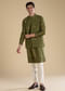 Green Embroidered Mens Satin Jacket Kurta and Pant Set