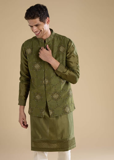 Green Embroidered Mens Satin Jacket Kurta and Pant Set