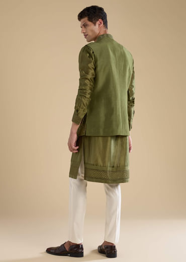 Green Embroidered Mens Satin Jacket Kurta and Pant Set