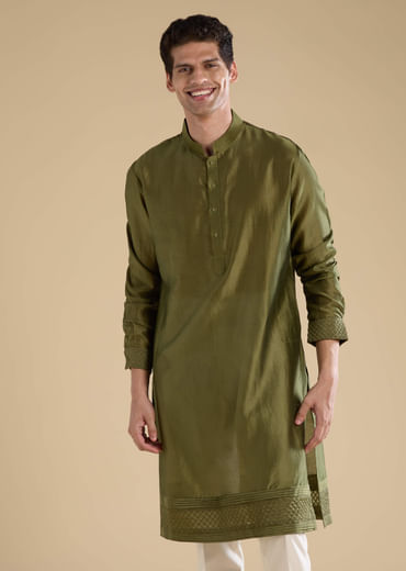 Green Embroidered Mens Satin Jacket Kurta and Pant Set