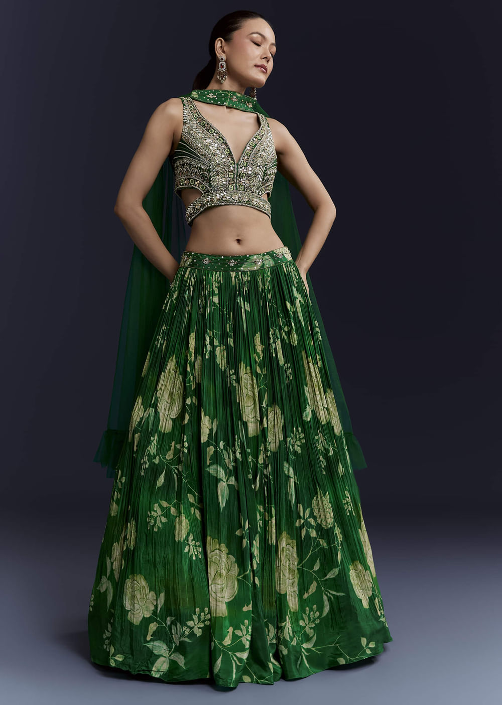 Green Floral Print Bridesmaid Crepe Lehenga Set