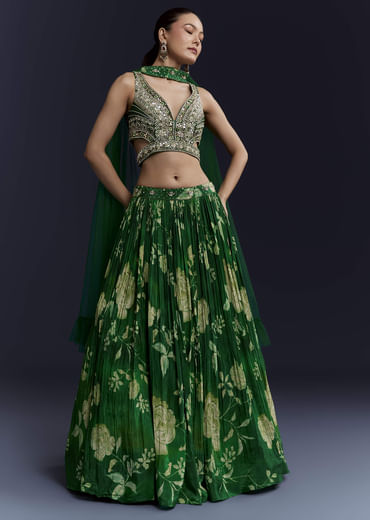 Green Floral Print Bridesmaid Crepe Lehenga Set Green Floral Print Bridesmaid Crepe Lehenga Set