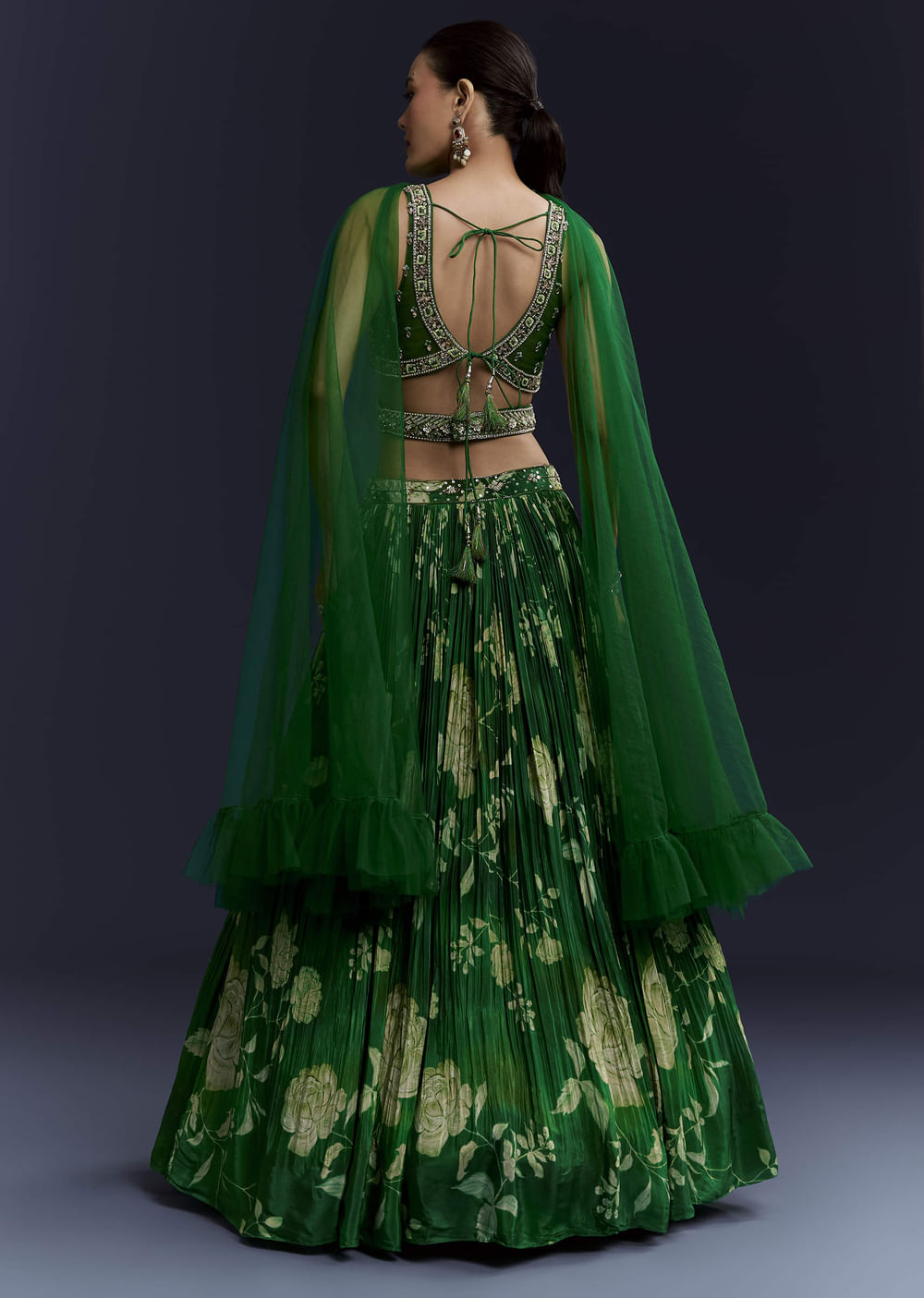 Green Floral Print Bridesmaid Crepe Lehenga Set