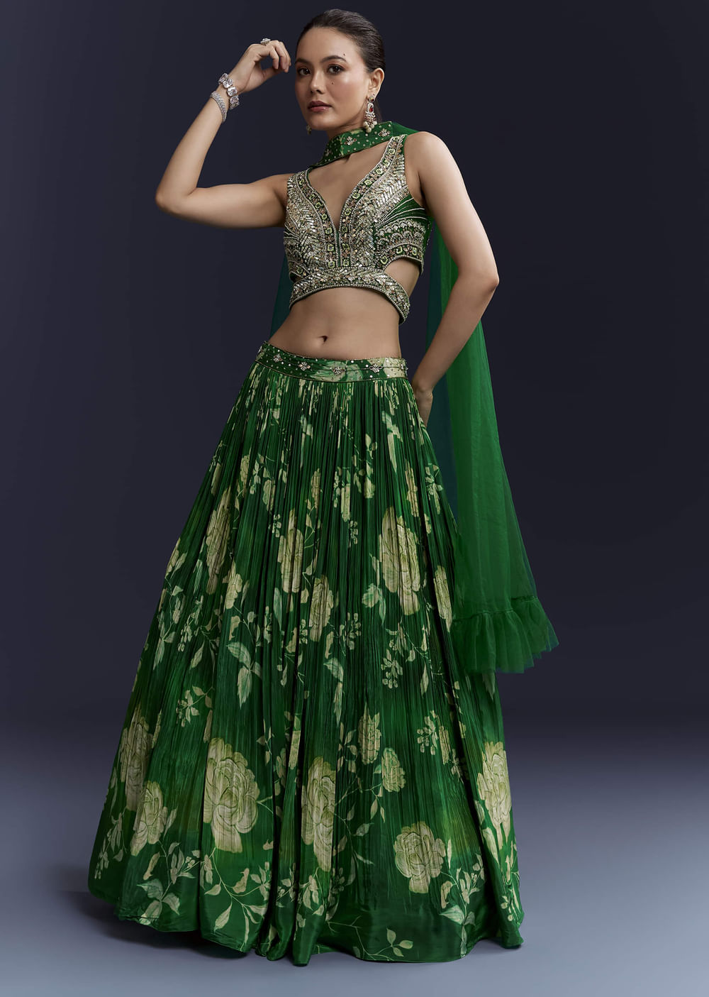 Green Floral Print Bridesmaid Crepe Lehenga Set
