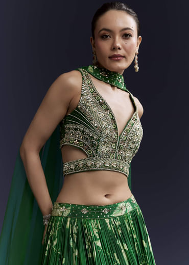 Green Floral Print Bridesmaid Crepe Lehenga Set Green Floral Print Bridesmaid Crepe Lehenga Set