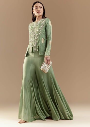 Green Fusion Silk Crop Top and Pant Set with Moti Work