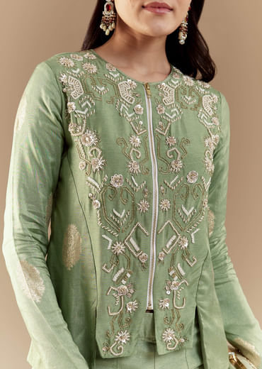 Green Fusion Silk Crop Top and Pant Set with Moti Work