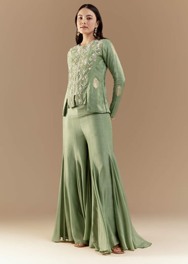 Green Fusion Silk Crop Top and Pant Set with Moti Work