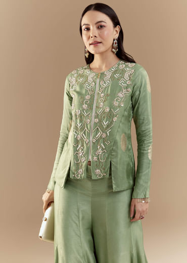 Green Fusion Silk Crop Top and Pant Set with Moti Work