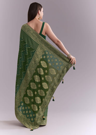 Green Georgette Bandhani Saree With Butti And Floral Border