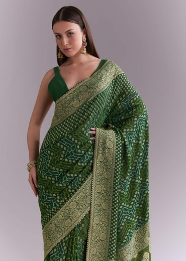 Green Georgette Bandhani Saree With Butti And Floral Border
