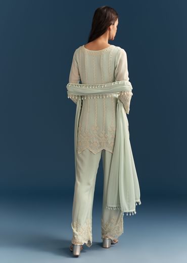 Green Georgette Kurta Set With Beads Detailing