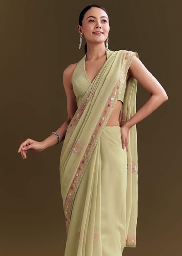 Green Georgette Saree With Kashmiri Bud Embroidery