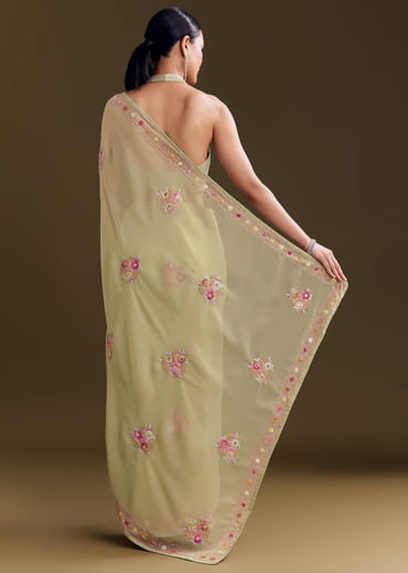Green Georgette Saree With Kashmiri Bud Embroidery