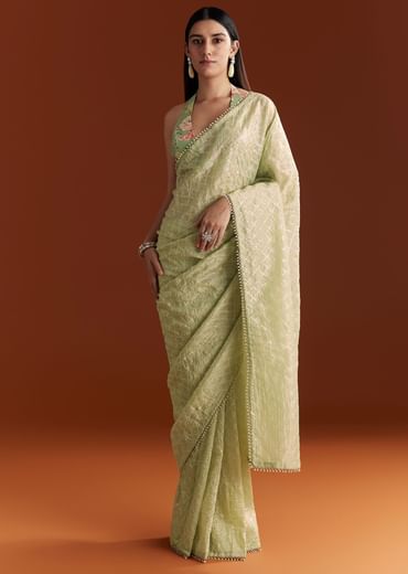 Green Glass Tissue Saree With Sequins And Cutdana Beaded Border