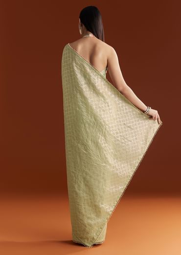 Green Glass Tissue Saree With Sequins And Cutdana Beaded Border