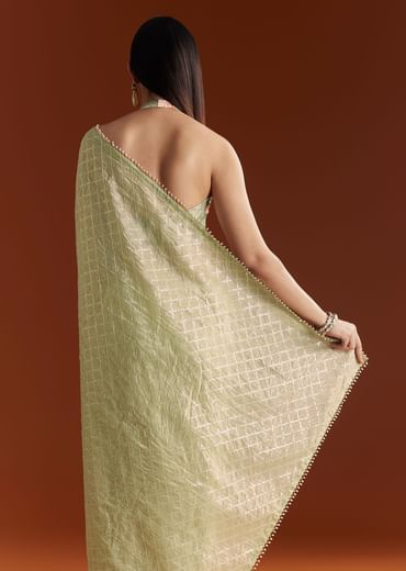 Green Glass Tissue Saree With Sequins And Cutdana Beaded Border