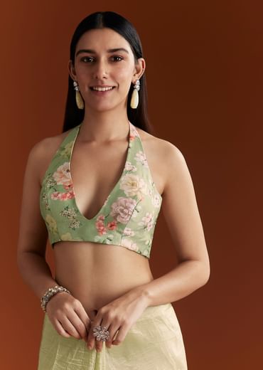 Green Glass Tissue Saree With Sequins And Cutdana Beaded Border