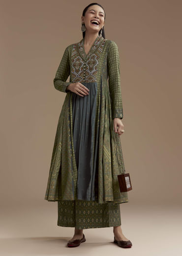 Green Indie Print Cotton Kurta Set with Thread Work