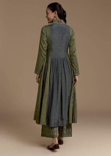 Green Indie Print Cotton Kurta Set with Thread Work