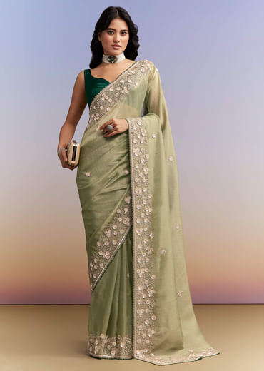 Green Jacquard Tissue Saree With Heavy Hand Embroidery