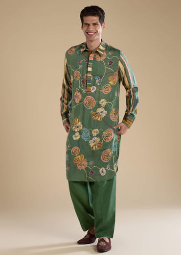 Green Kalamkari Mens Kurta and Pant Set