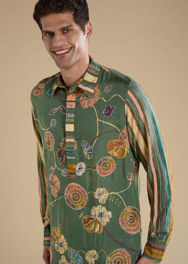 Green Kalamkari Mens Kurta and Pant Set