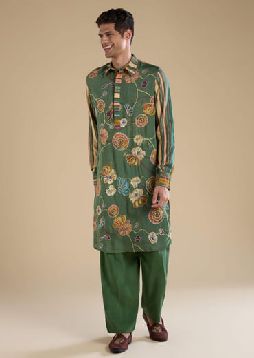 Green Kalamkari Mens Kurta and Pant Set