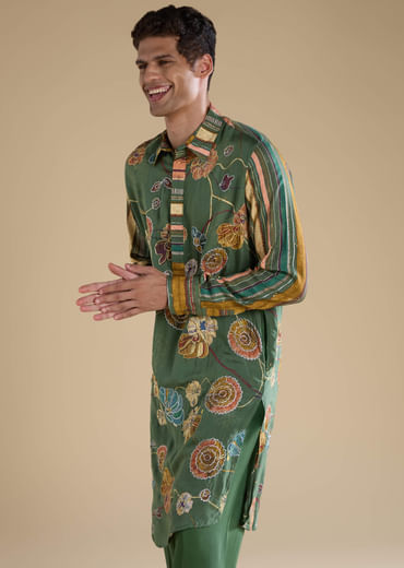Green Kalamkari Mens Kurta and Pant Set