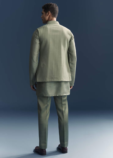 Green Kurta Jacket Set For Men With Hand Embroidery