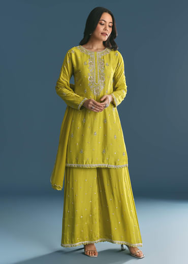 Green Kurta Palazzo Set With Sequins Embroidery