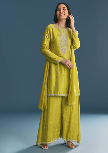 Green Kurta Palazzo Set With Sequins Embroidery
