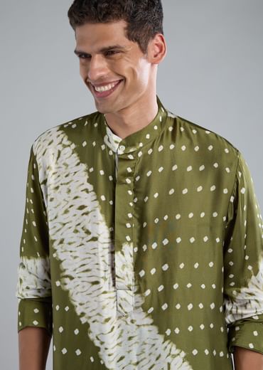 Green Kurta Set With Handmade Bandhani And Shibori Prints