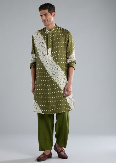 Green Kurta Set With Handmade Bandhani And Shibori Prints