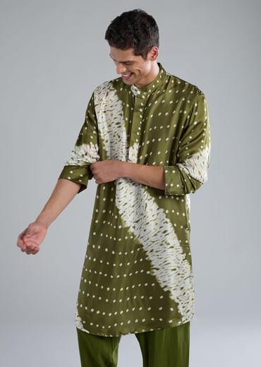 Green Kurta Set With Handmade Bandhani And Shibori Prints