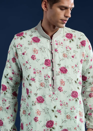 Green Linen Kurta Set with Sequin Work