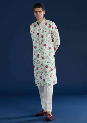 Green Linen Kurta Set with Sequin Work