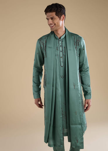 Green Linen Mens Kurta Set with Dupatta