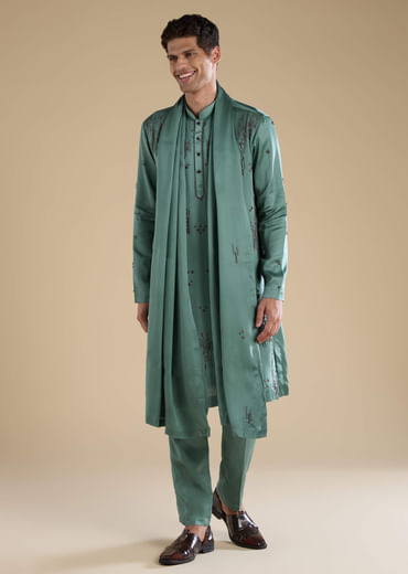 Green Linen Mens Kurta Set with Dupatta