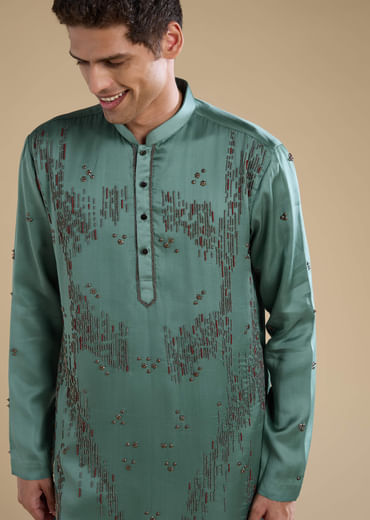 Green Linen Mens Kurta Set with Dupatta