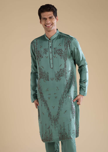 Green Linen Mens Kurta Set with Dupatta