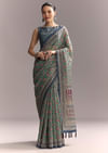 Green Linen Saree With Authentic Ajrakh Print And Indigo Border