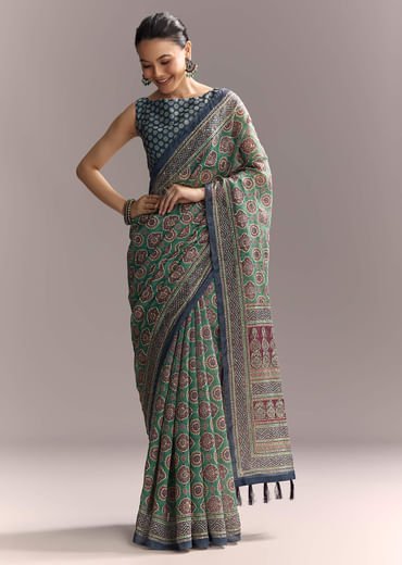 Green Linen Saree With Authentic Ajrakh Print And Indigo Border