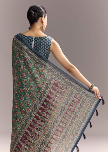Green Linen Saree With Authentic Ajrakh Print And Indigo Border