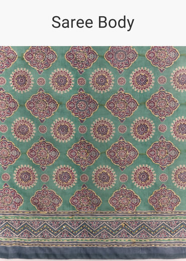 Green Linen Saree With Authentic Ajrakh Print And Indigo Border