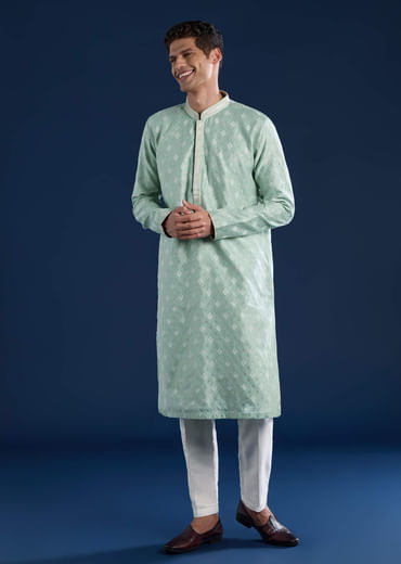 Green Mens Jacquard Self Work Kurta Set
