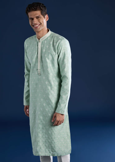 Green Mens Jacquard Self Work Kurta Set
