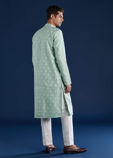 Green Mens Jacquard Self Work Kurta Set