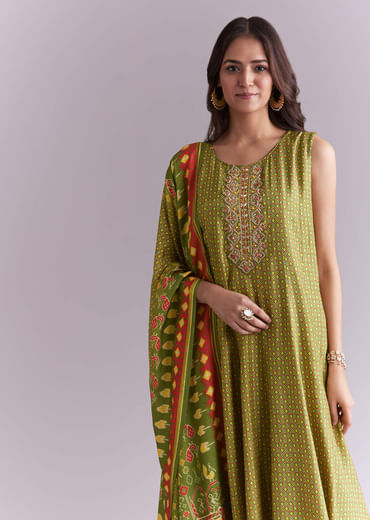 Green Muslin Anarkali Suit With Patola Style Print